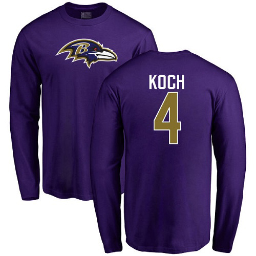 Men Baltimore Ravens Purple Sam Koch Name and Number Logo NFL Football #4 Long Sleeve T Shirt->baltimore ravens->NFL Jersey